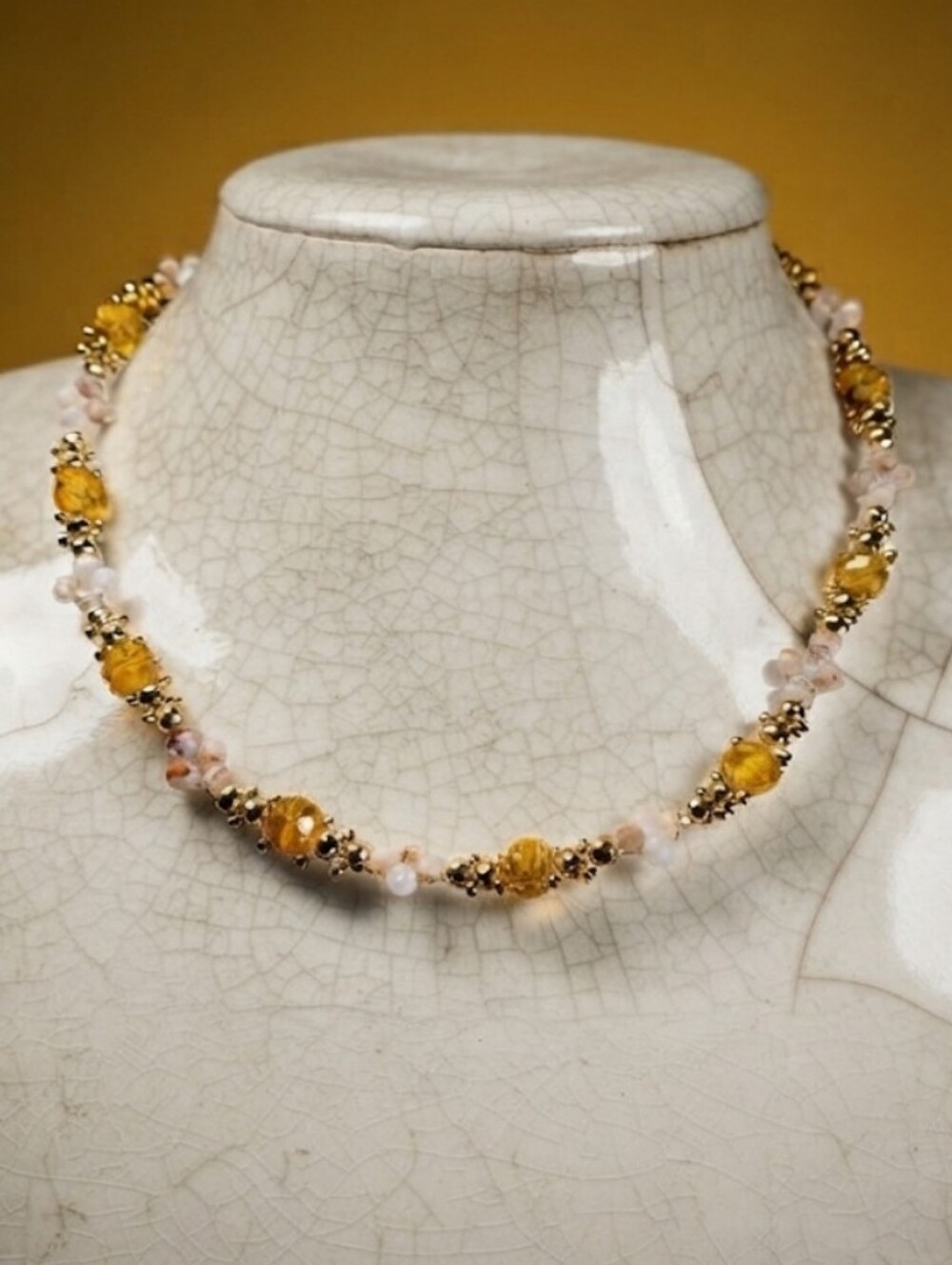 Handmade Natural Citrine Necklace In Unique Artisan Bead Gold Statement Choker